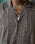 Brown check cotton shirt with cuban collar and double breast pockets