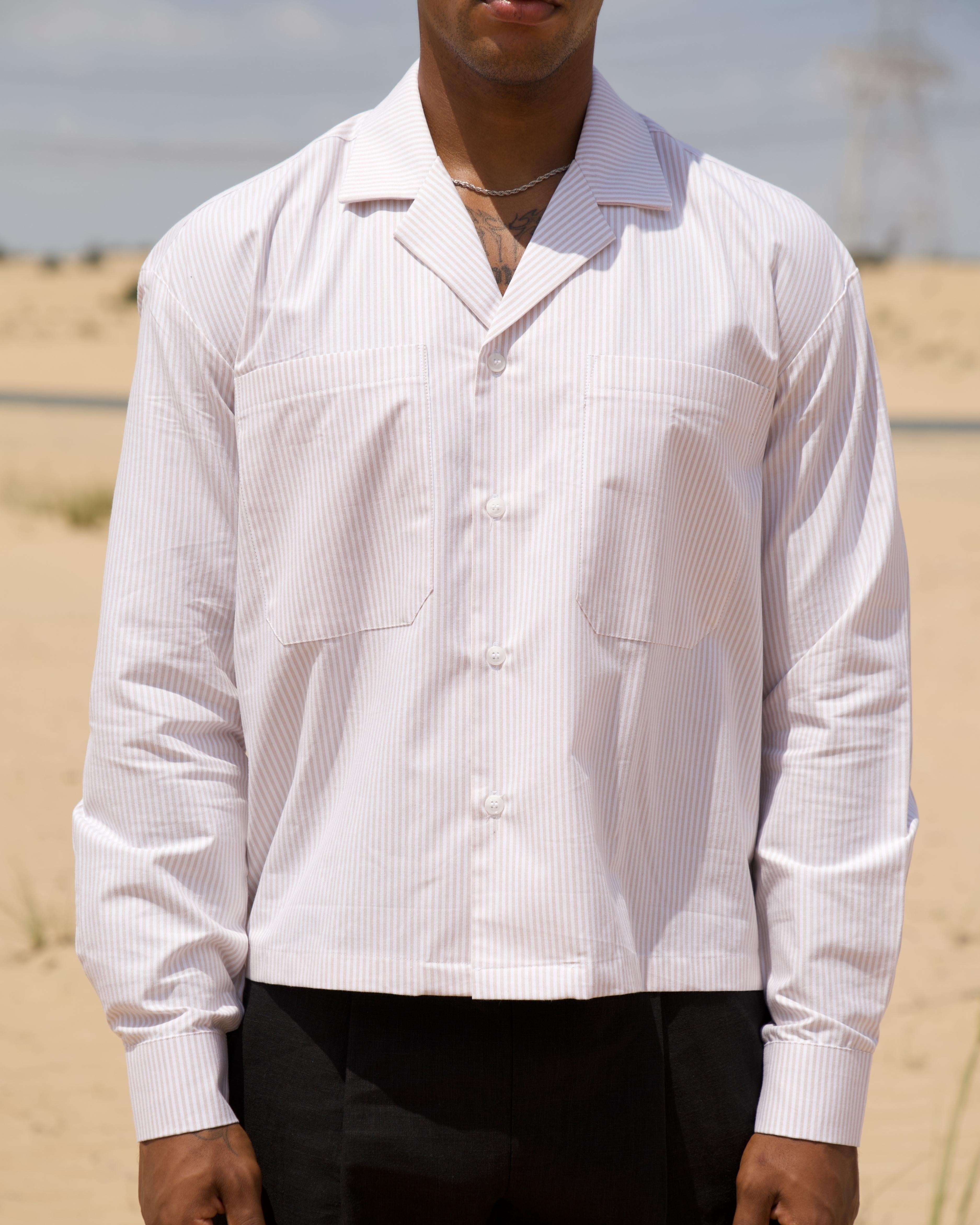 Model wearing the Cabana Stripe Shirt, cropped boxy fit