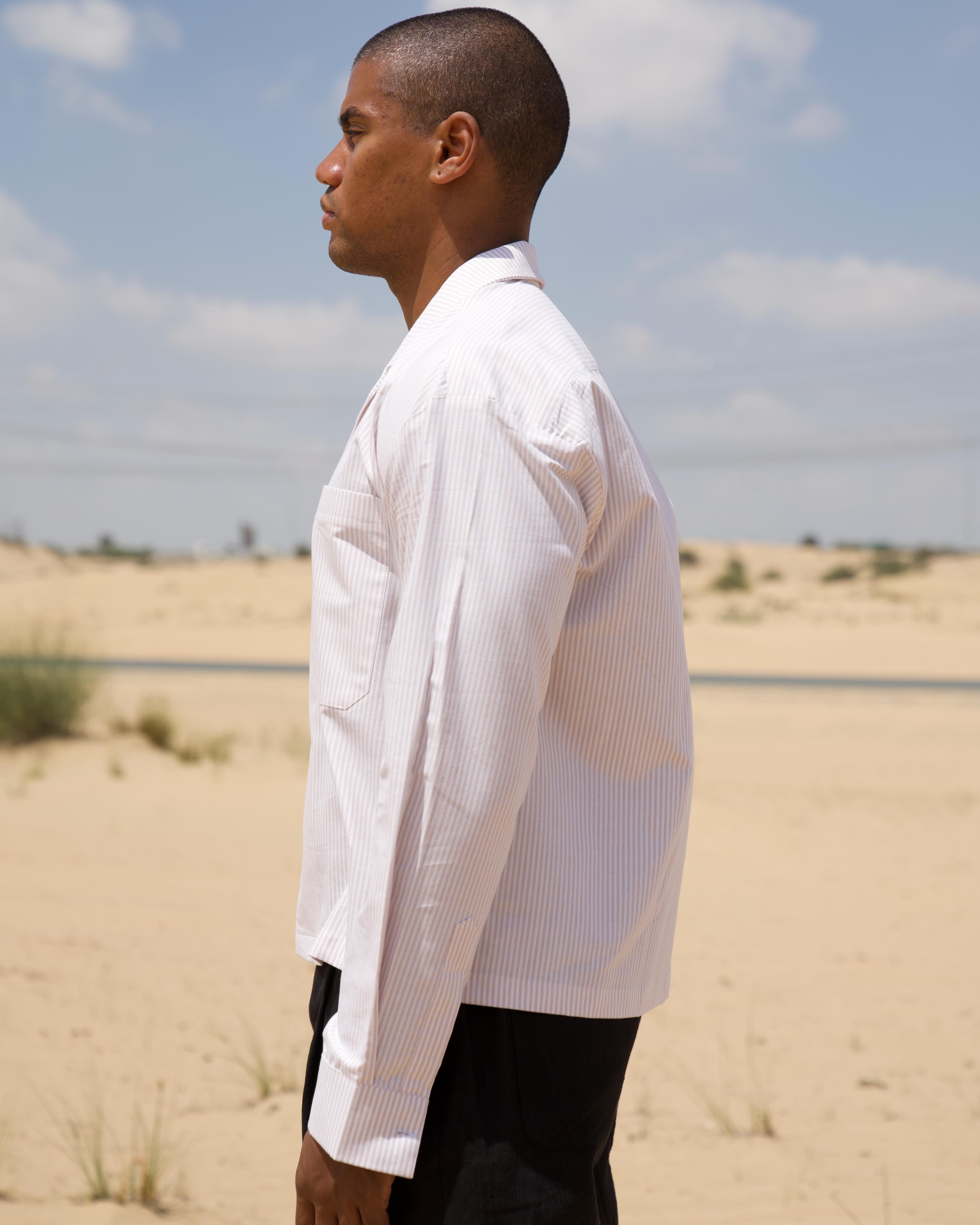 White and beige cabana stripe cotton oxford shirt, front detail
