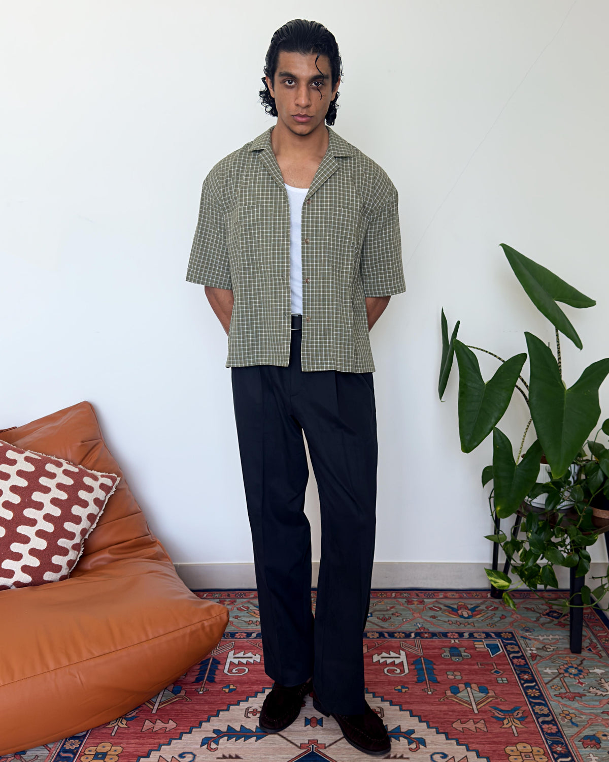 Sage green check shirt with cuban collar and double breast pockets