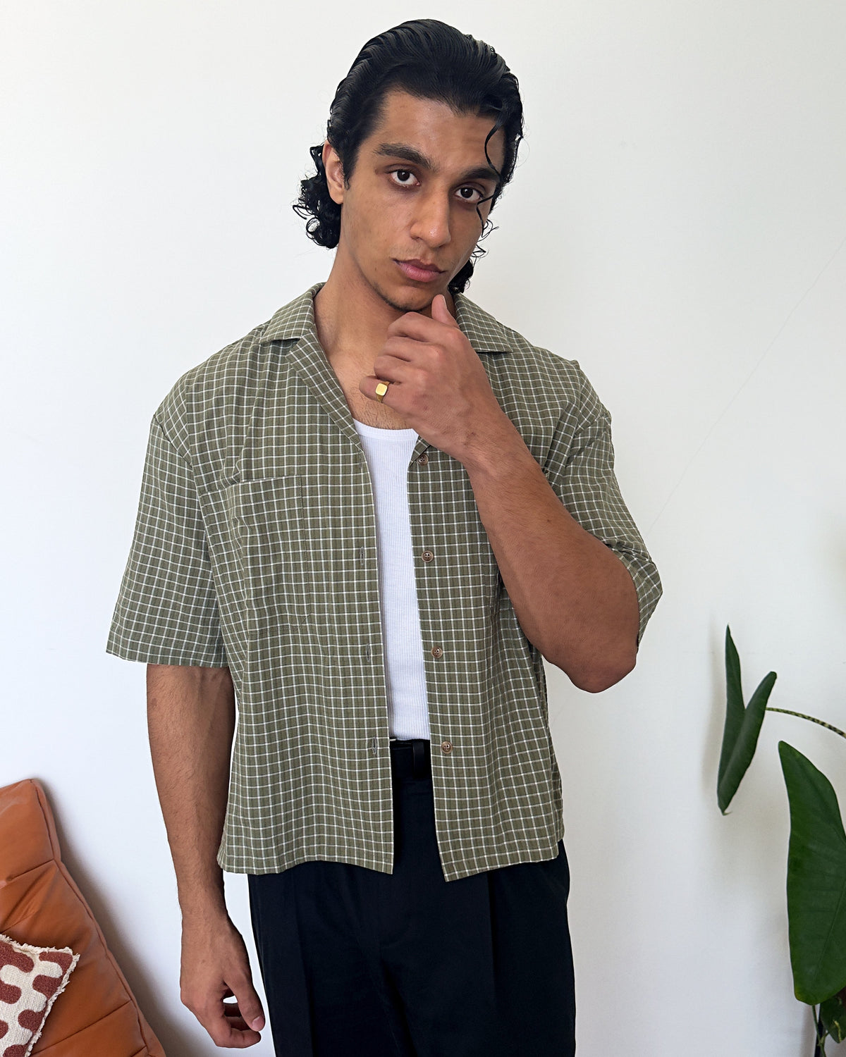Sage green check cotton fabric detail