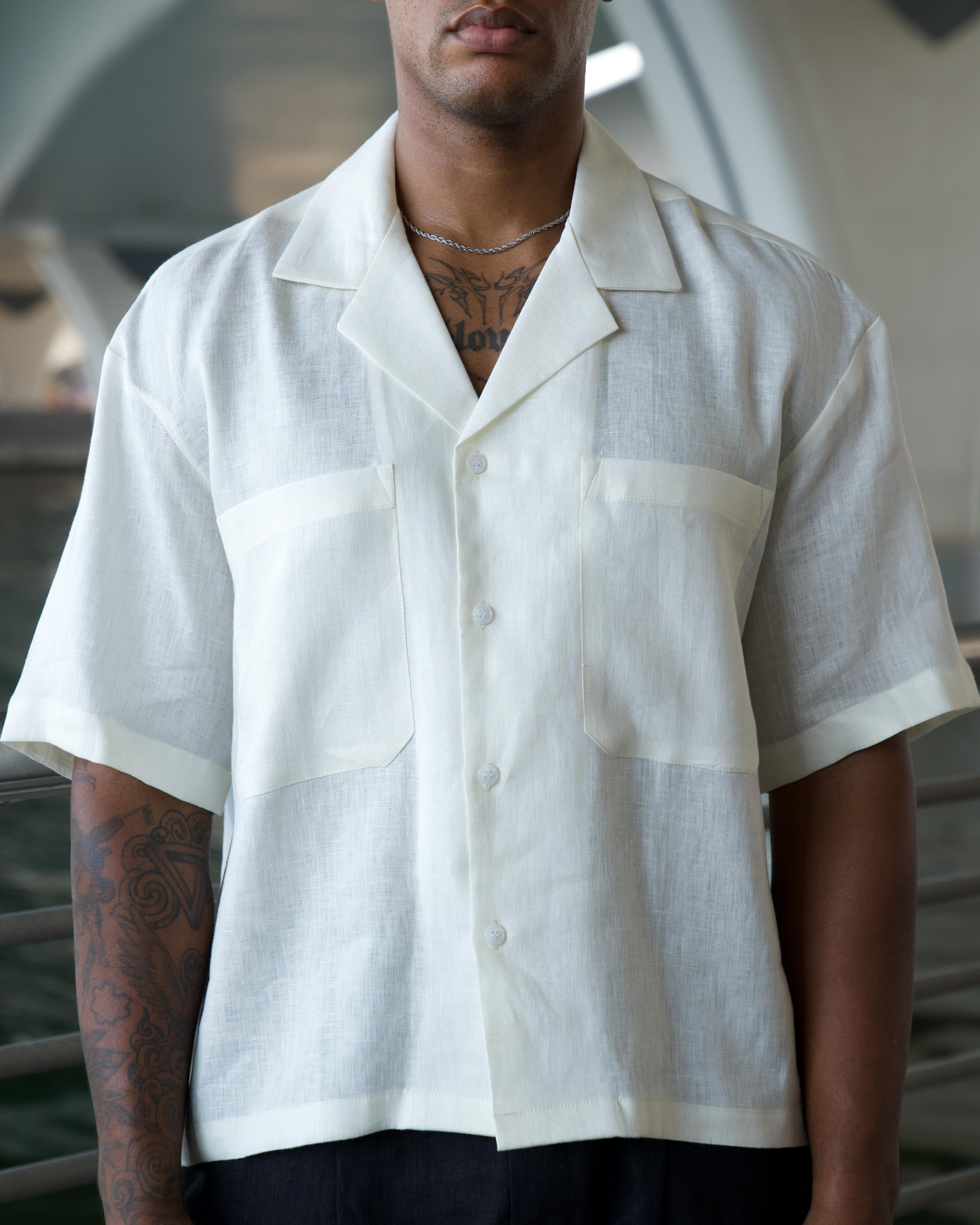 Model wearing the off-white Cuban Linen Shirt, front view