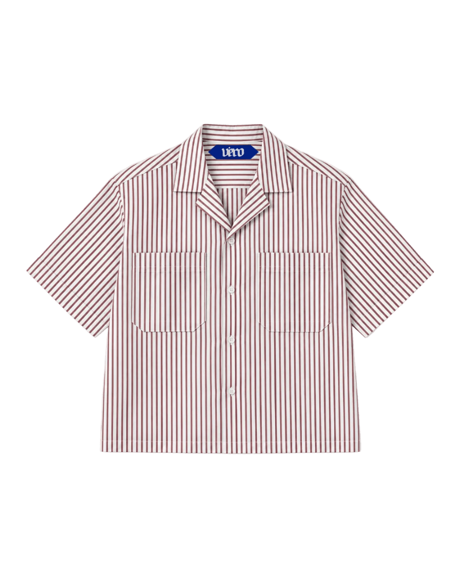 VÉRO Cuban Pinstripe Shirt in white cotton oxford with cherry pinstripe