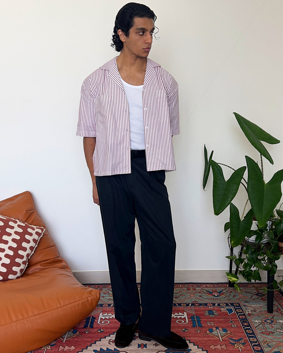 Cherry pinstripe oxford shirt with cuban collar and double breast pockets