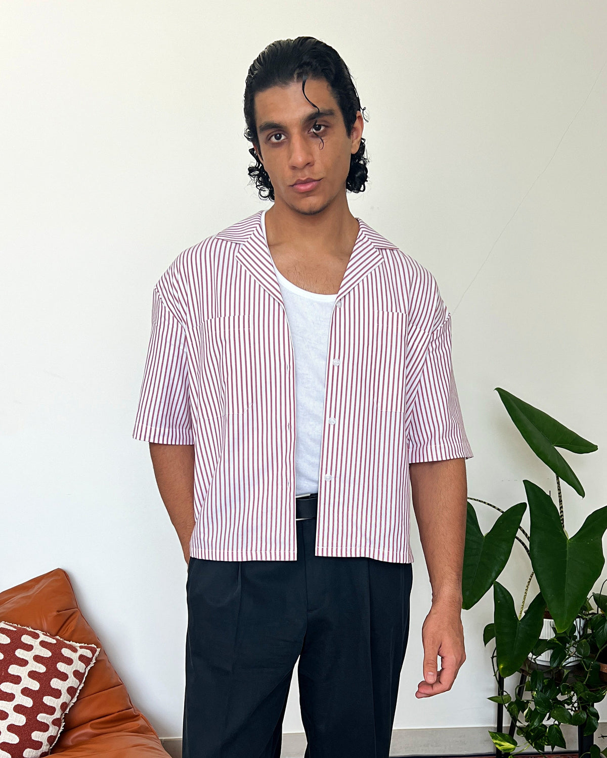 Cuban Pinstripe Shirt in cherry, boxy cropped fit