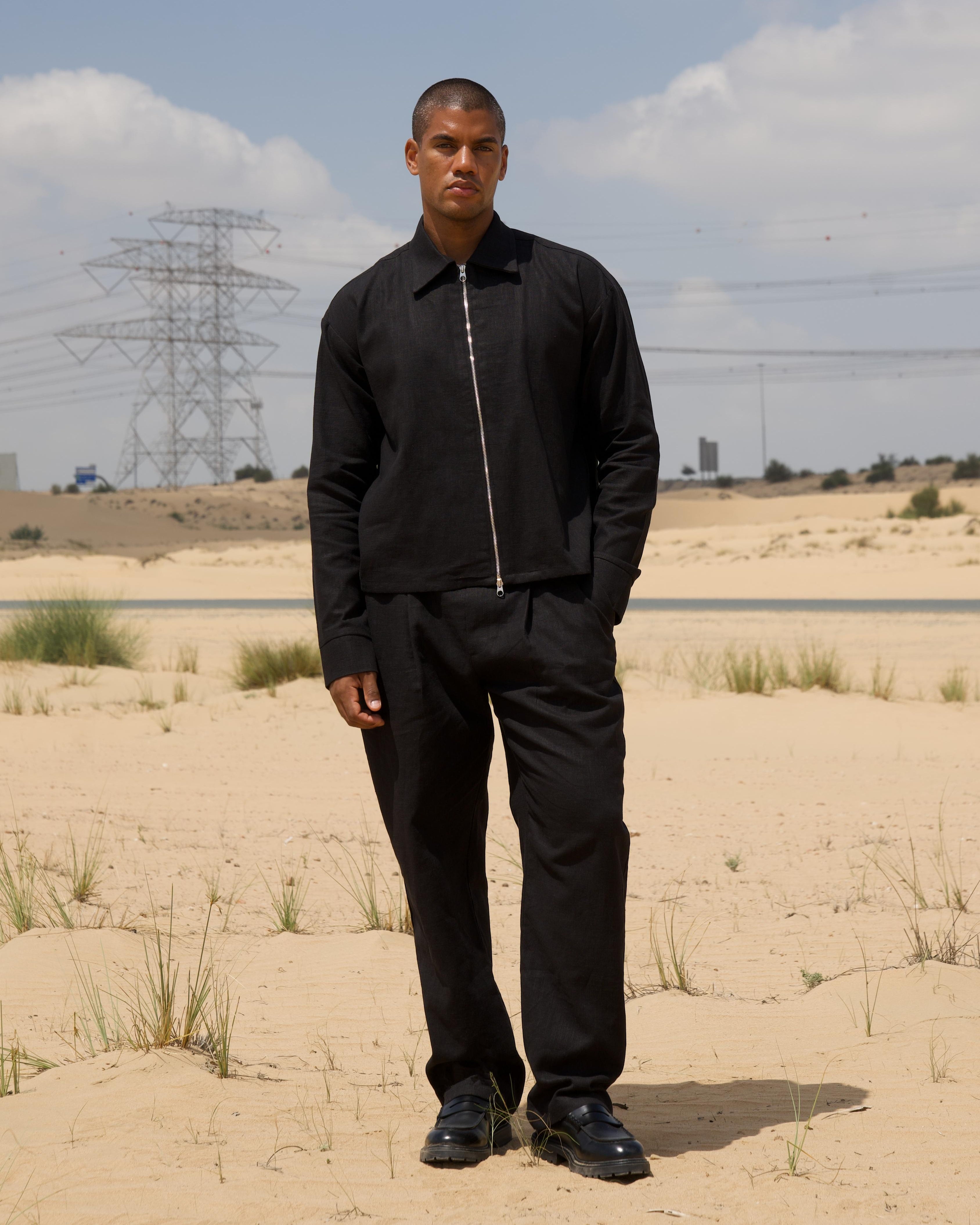 Black linen overshirt with double-open metal zipper