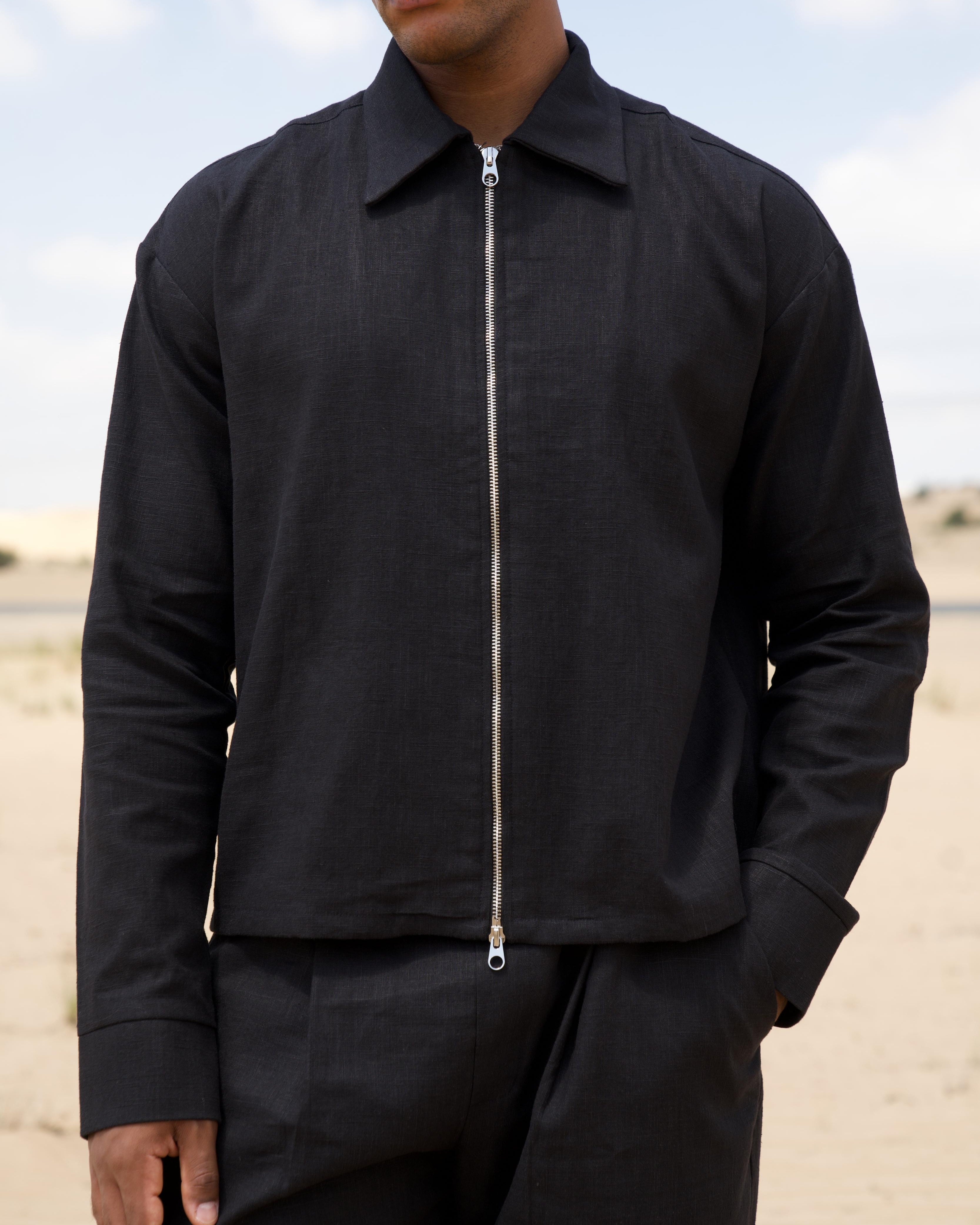 Overlap cuff detail on the black Linen Zip Overshirt