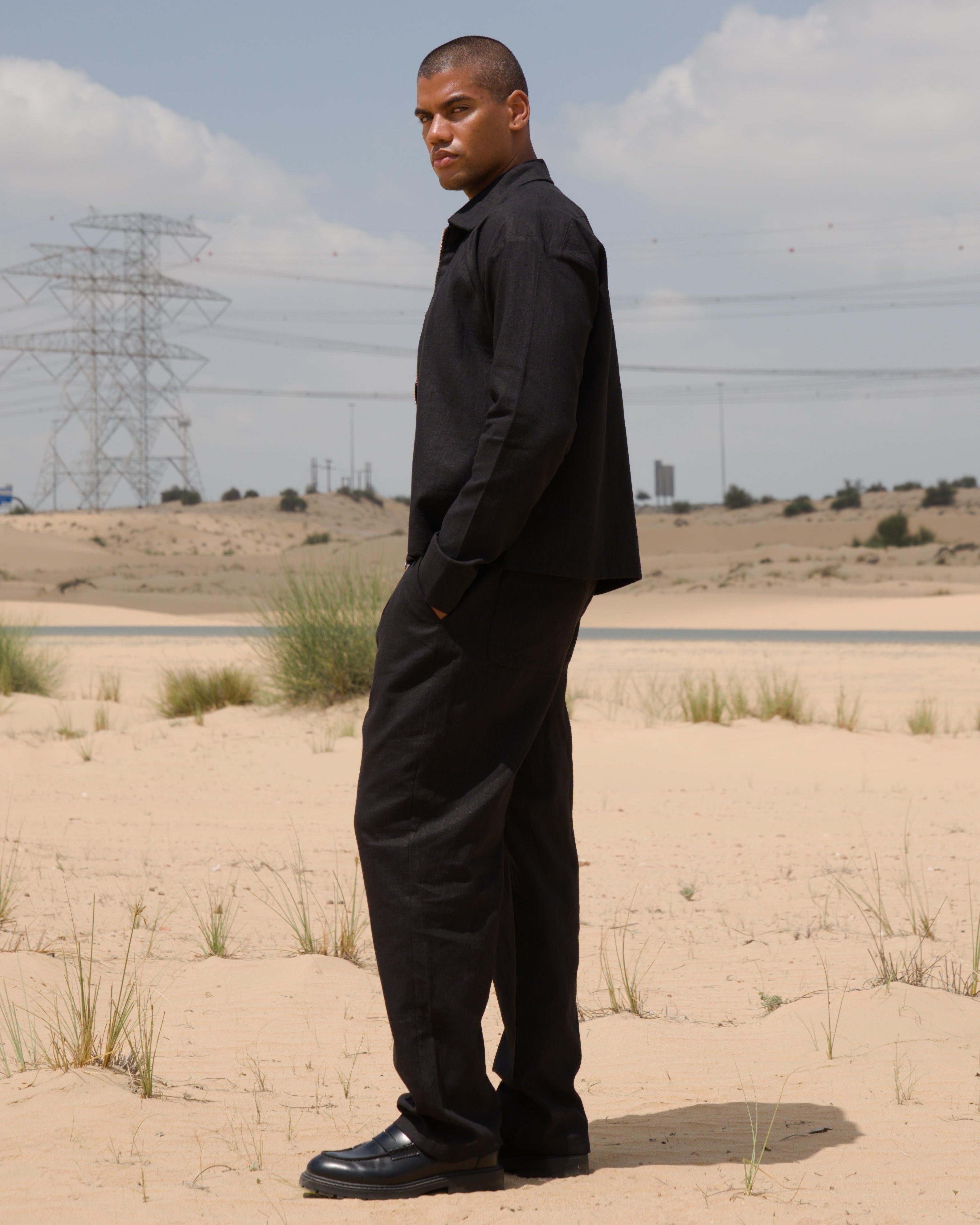 Back view of the Linen Zip Overshirt in black