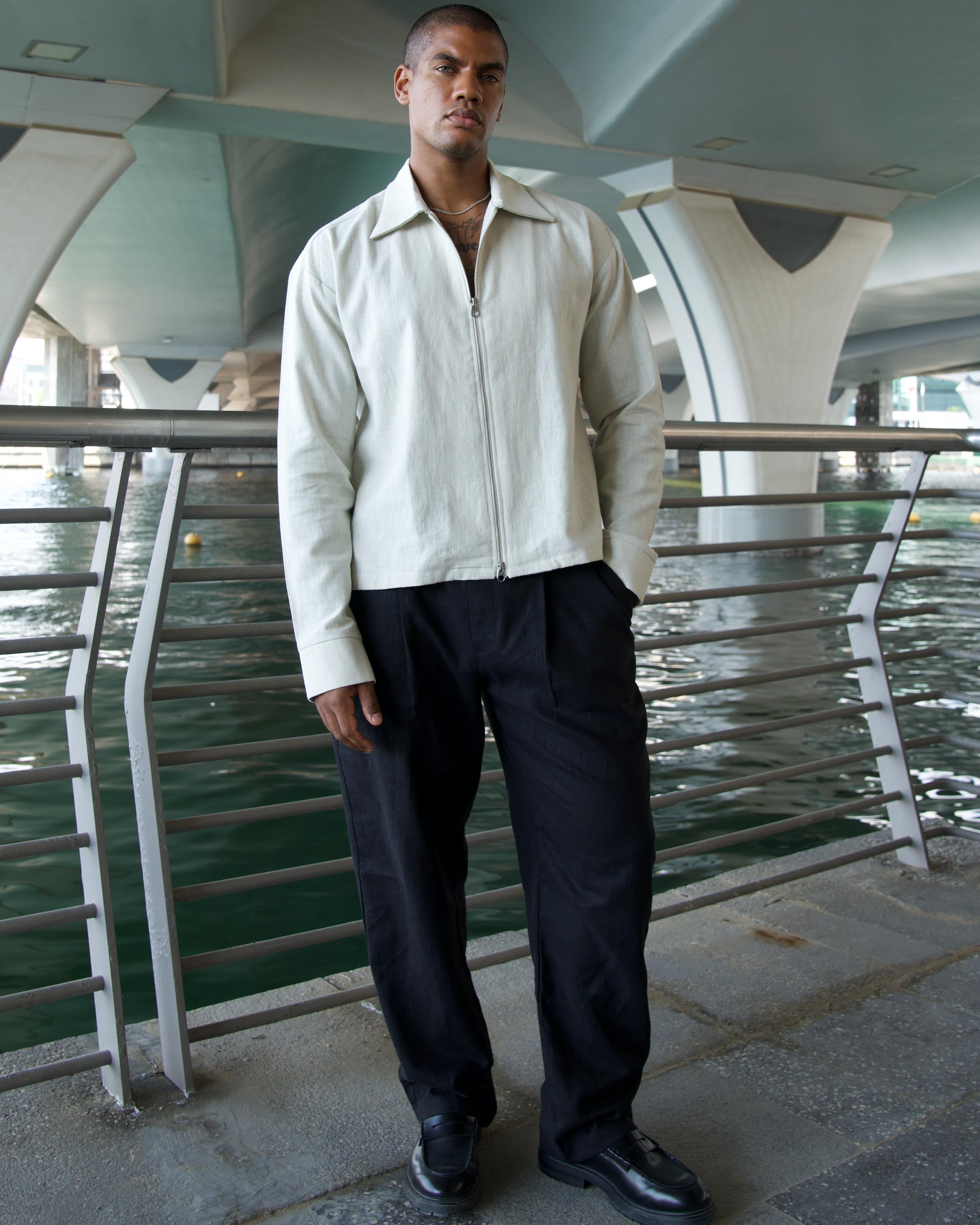 Cream linen overshirt with double-open metal zipper