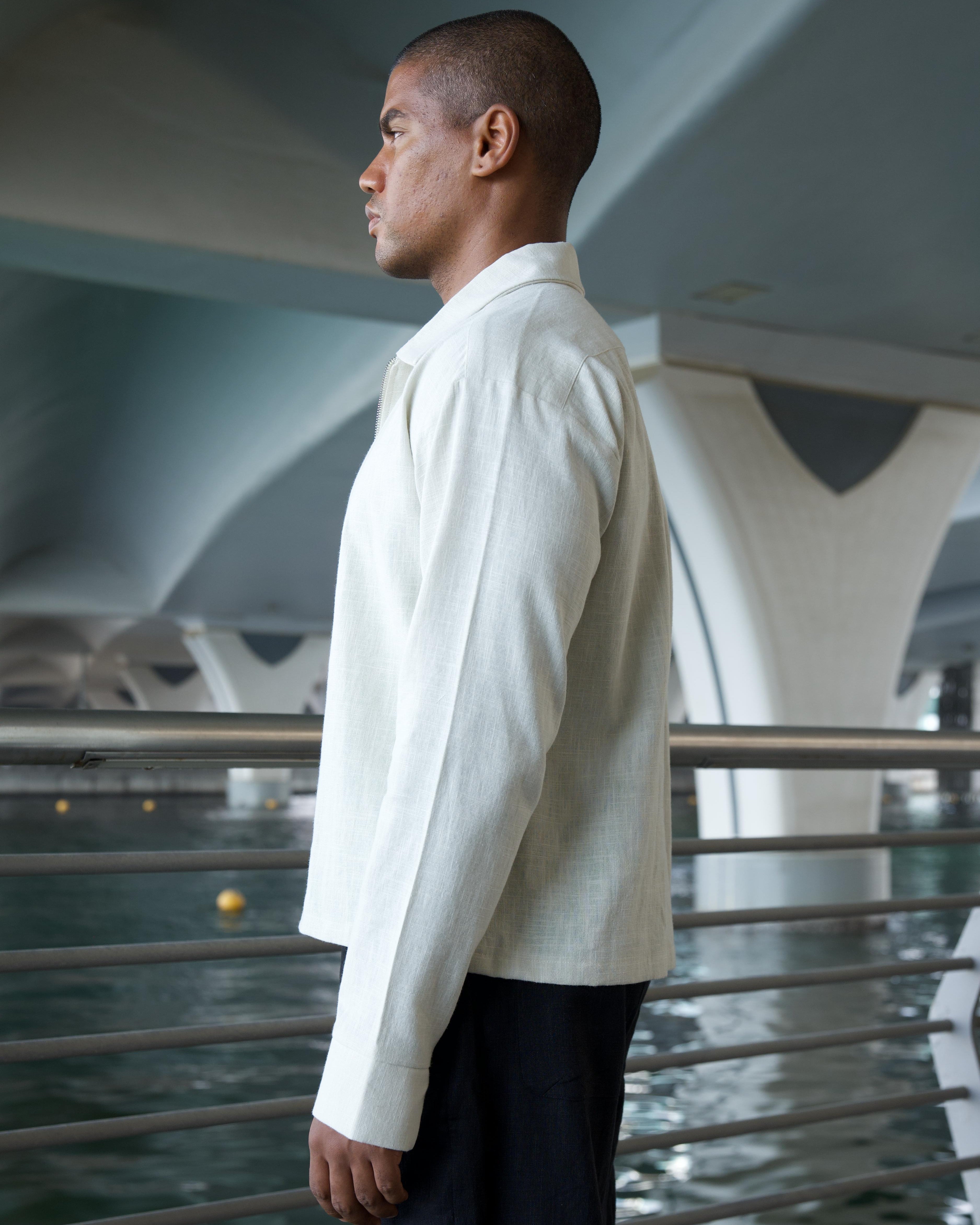 Overlap cuff detail on the cream Linen Zip Overshirt