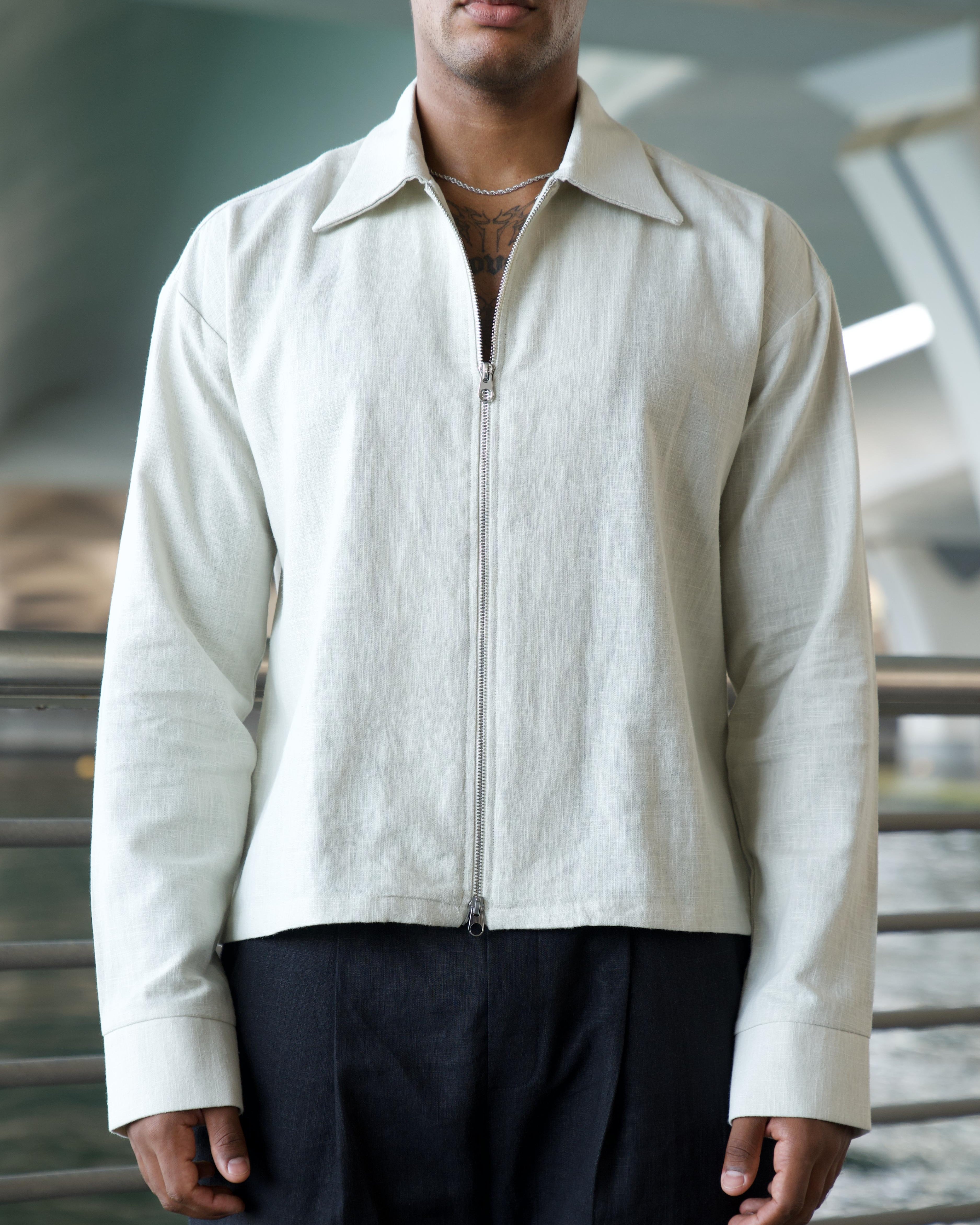 Side view of the cream linen slub overshirt