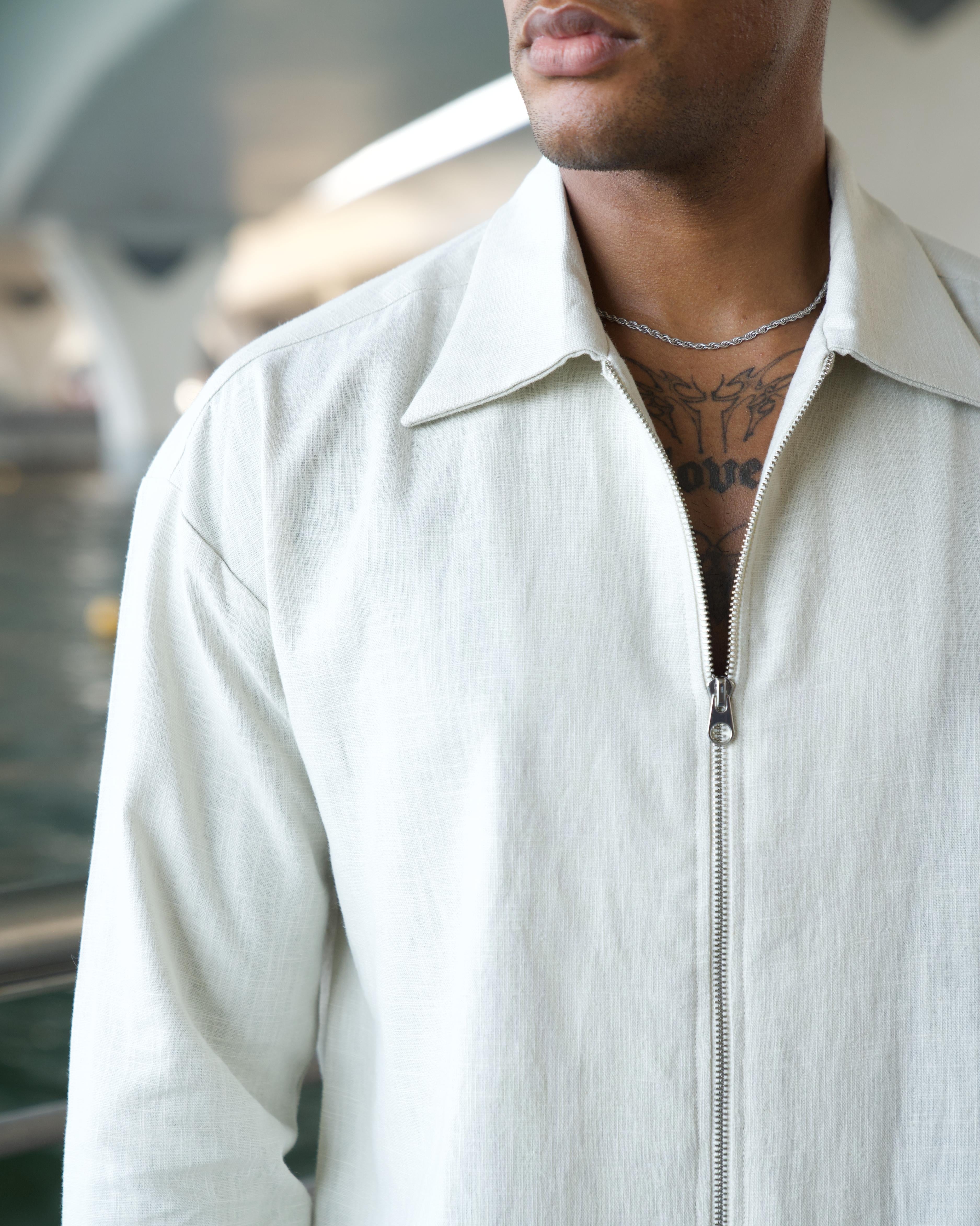 Back view of the Linen Zip Overshirt in cream