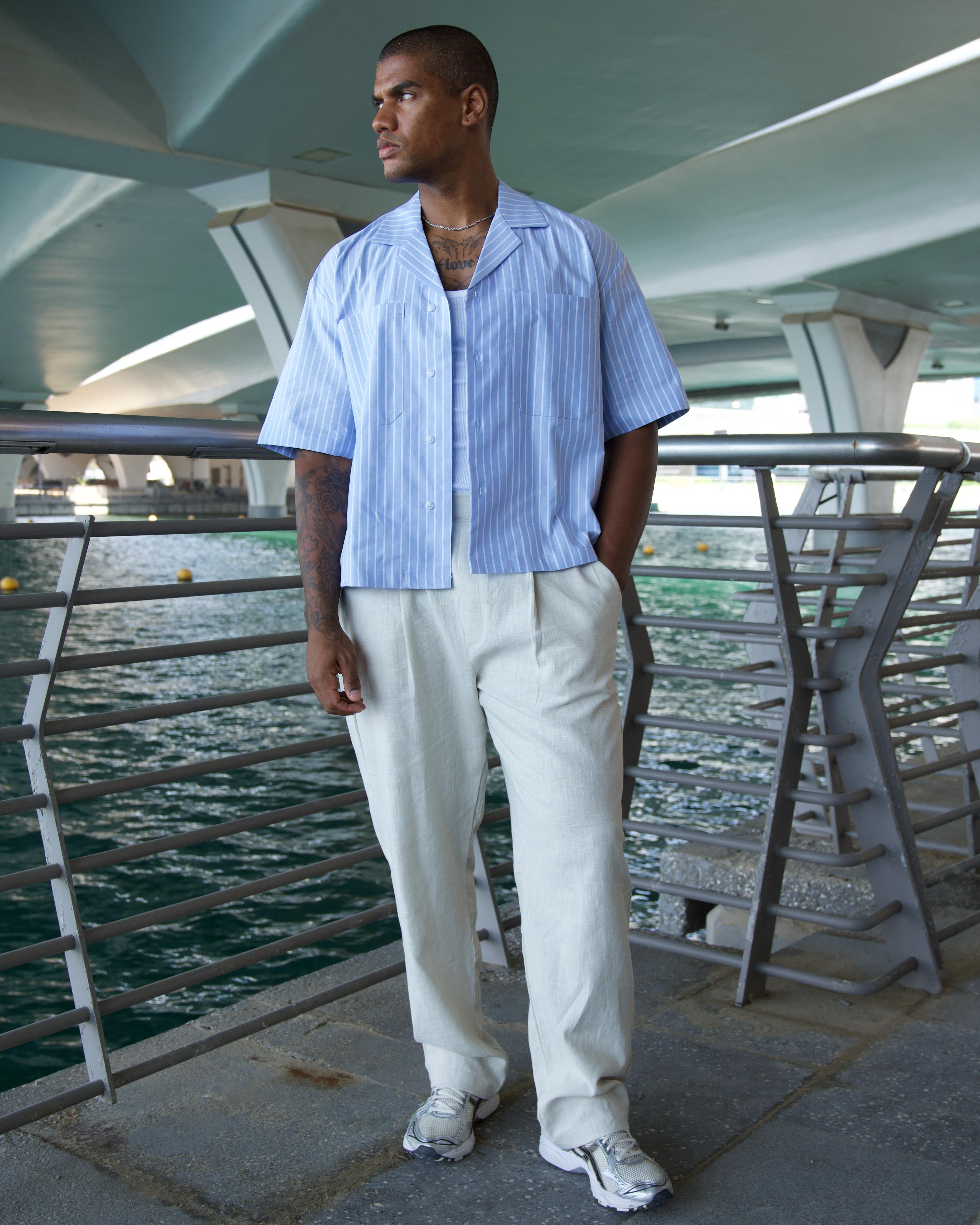 Pale blue pinstripe oxford shirt with cuban collar and breast pockets