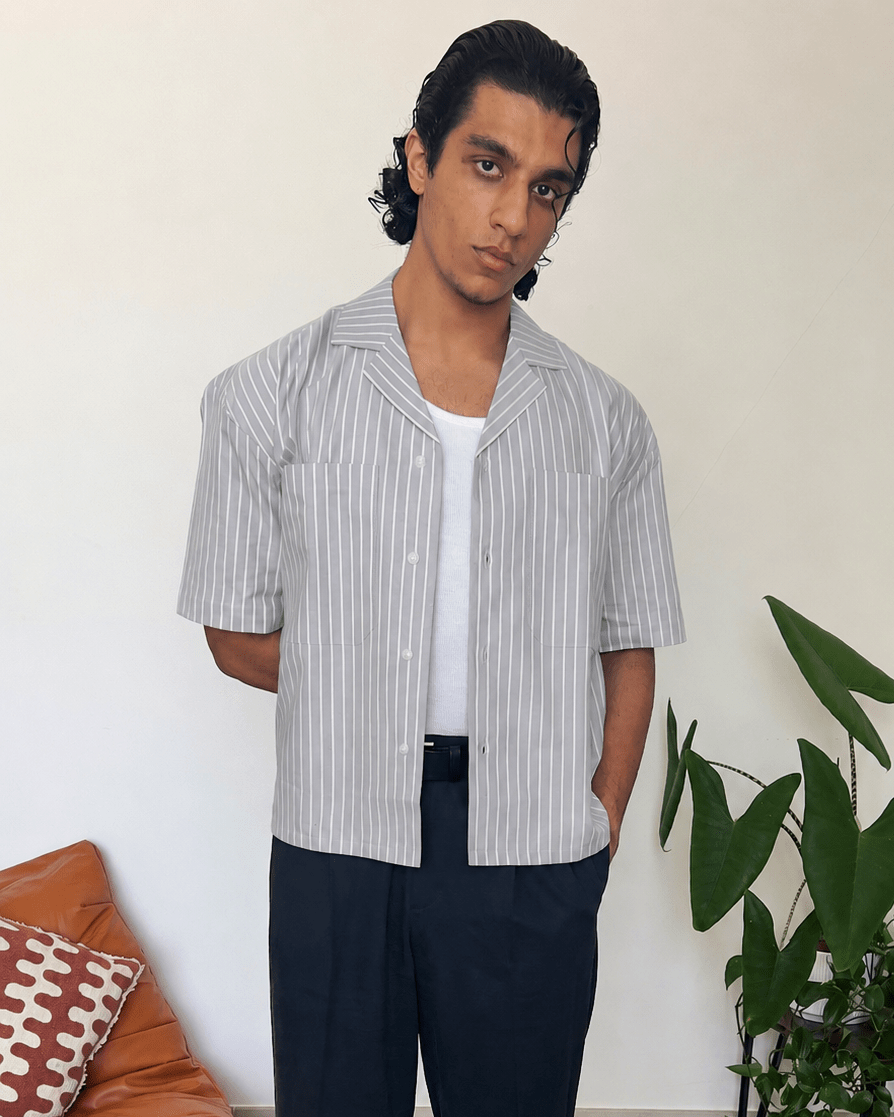 Smoke Pinstripe Shirt detail, double breast pockets and white resin buttons